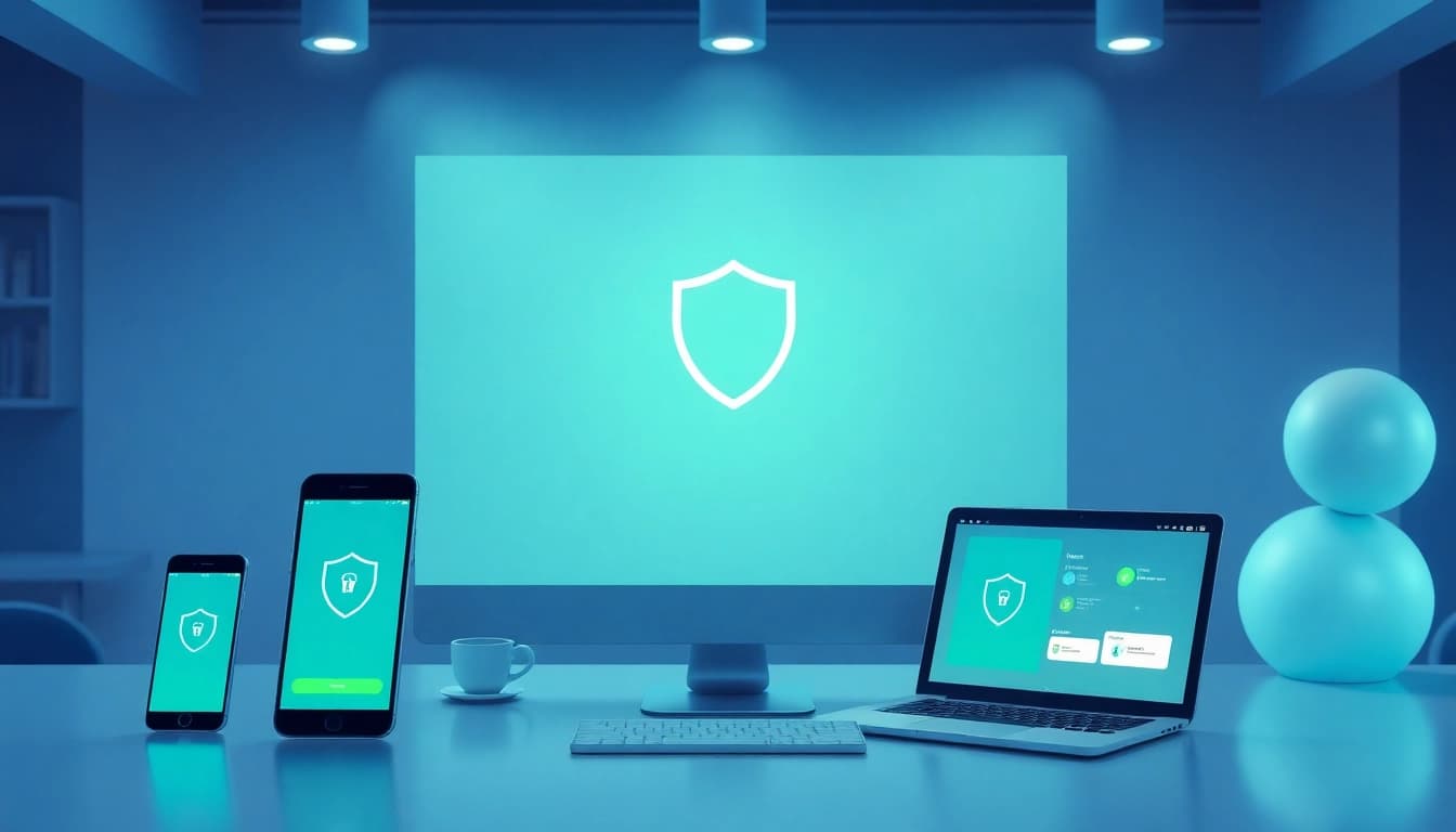 在智能手机和笔记本电脑上展示安全连接的 快连下载 VPN 应用，适用于科技前沿的工作环境。