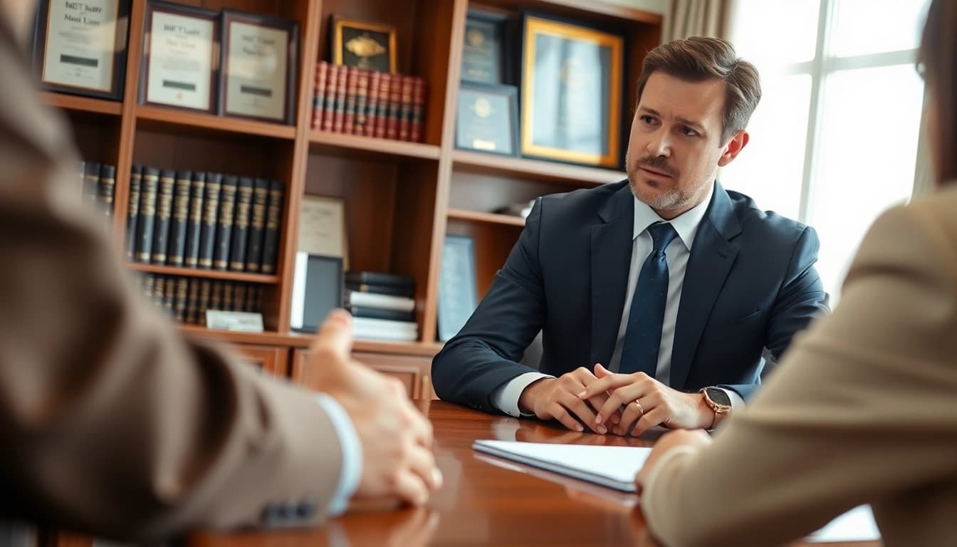 Clearwater truck accident lawyer discussing case details with a client in a professional office.