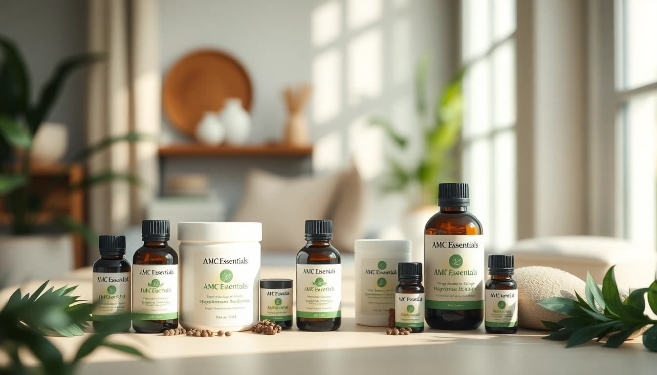 Showcase of AMC Essentials wellness products in a serene, natural setting.
