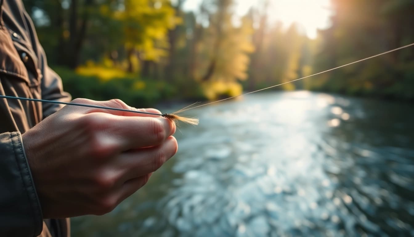 Tying a fly fishing tippet to a lure in a serene river setting.