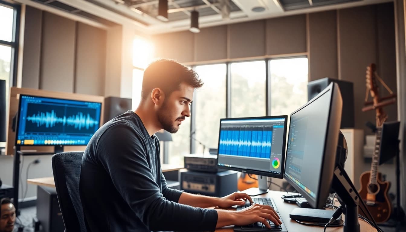 Engaged audio engineer enhancing tracks through online mastering techniques in a modern studio.