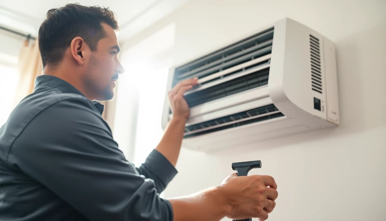 Air Conditioning Repair Tampa technician fixing a residential AC unit in a cozy living room.