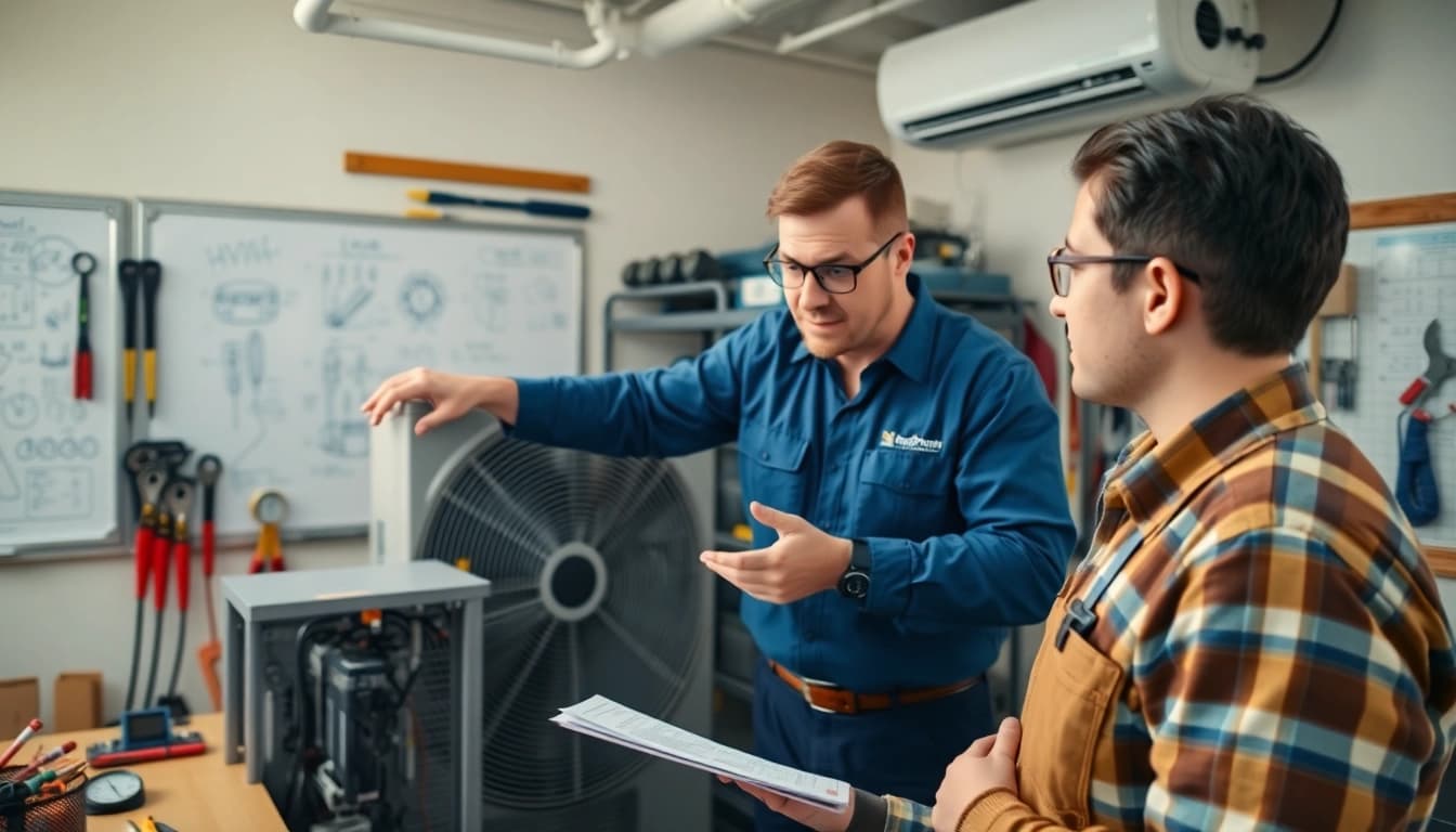 Hands-on hvac technician training with an instructor guiding students during equipment maintenance.