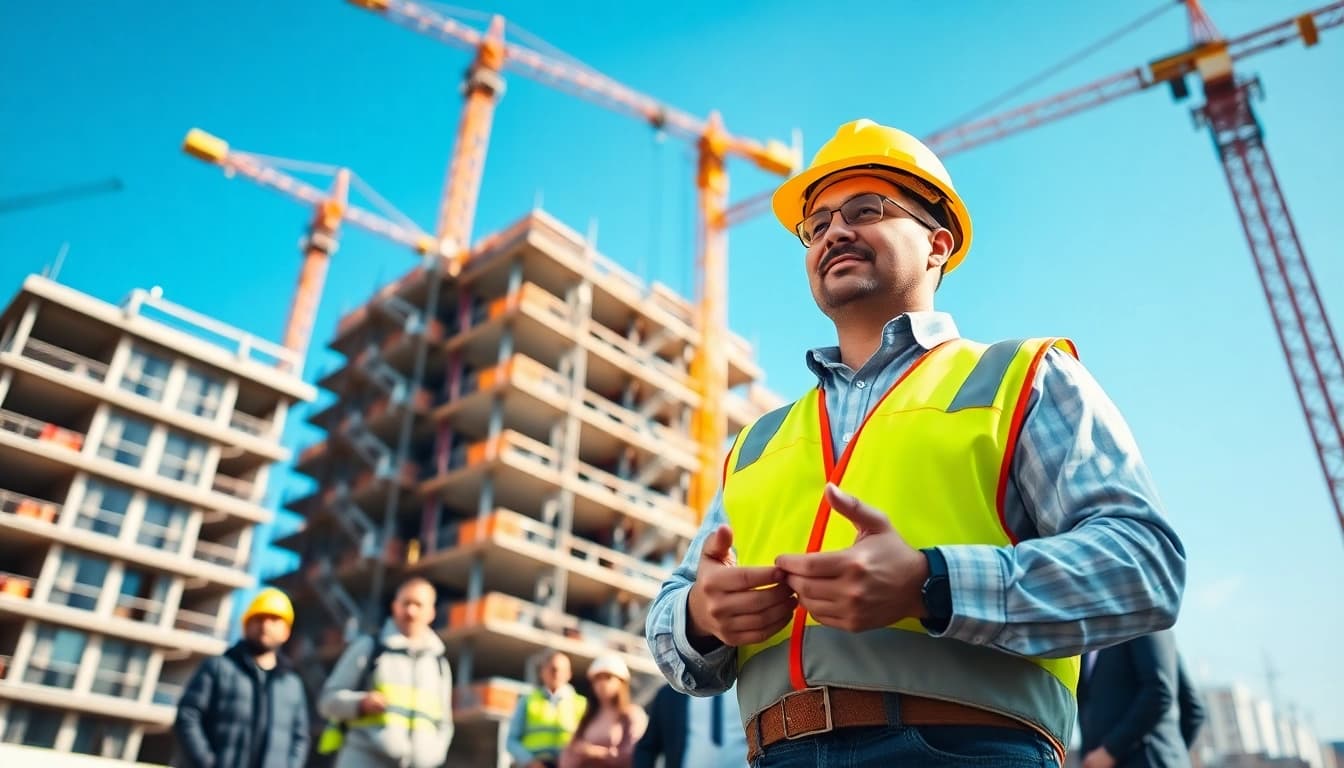 New York General Contractor leading a team on a bustling construction site.