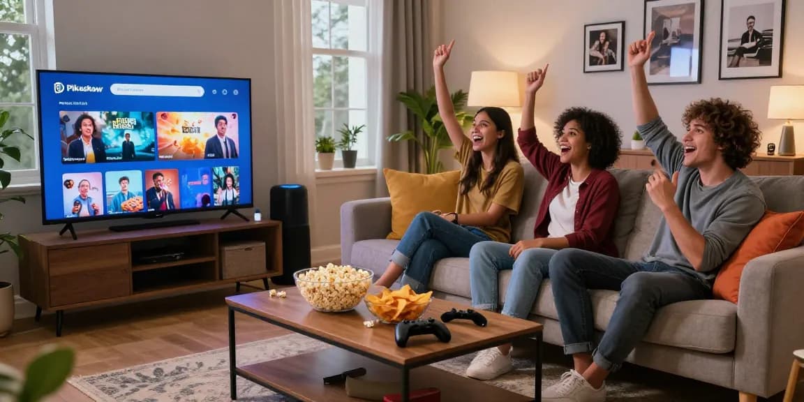 Pikashow app experience with friends enjoying movies in cozy living room setting.
