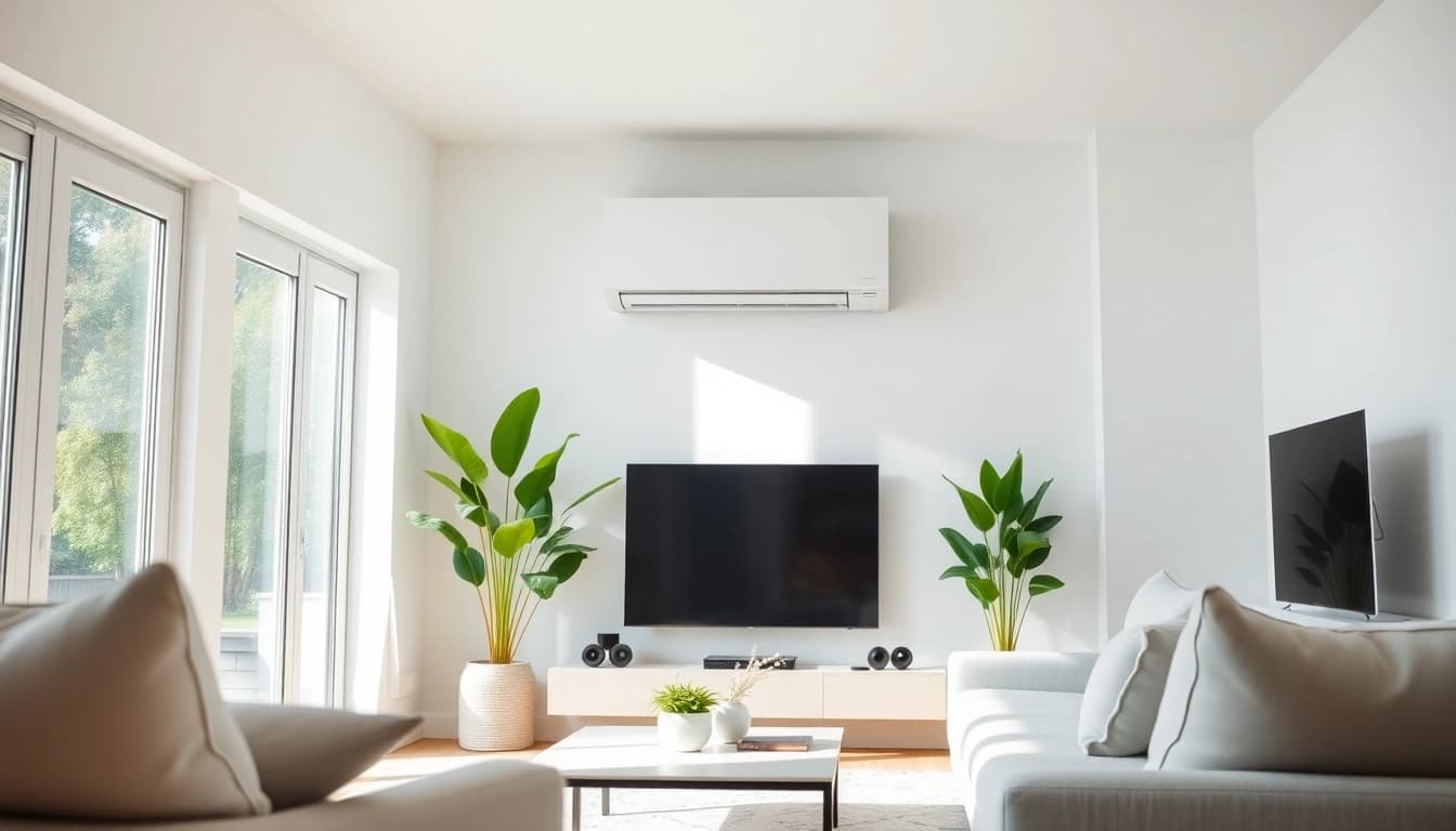 Mitsubishi mini split ac mounted in a bright, inviting living room with minimalistic decor.