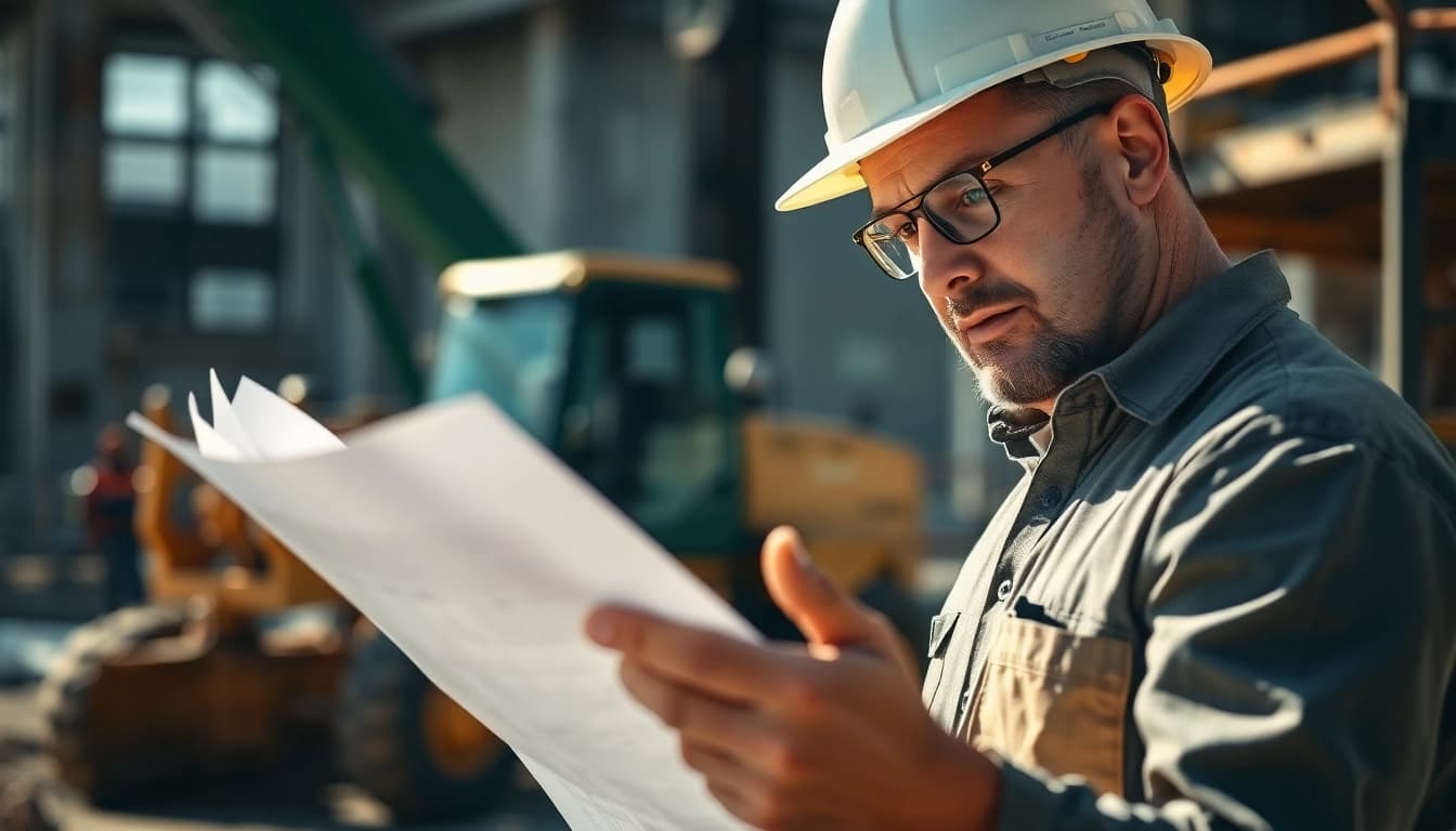 Manhattan General Contractor examining project blueprints at a busy construction site.
