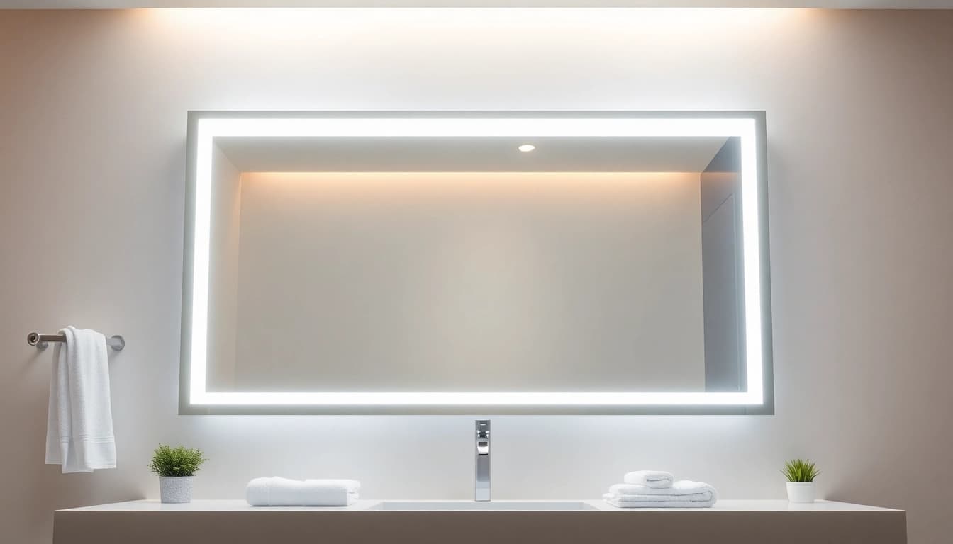 Bright elegant led mirror reflecting a stylish bathroom, showcasing modern design.