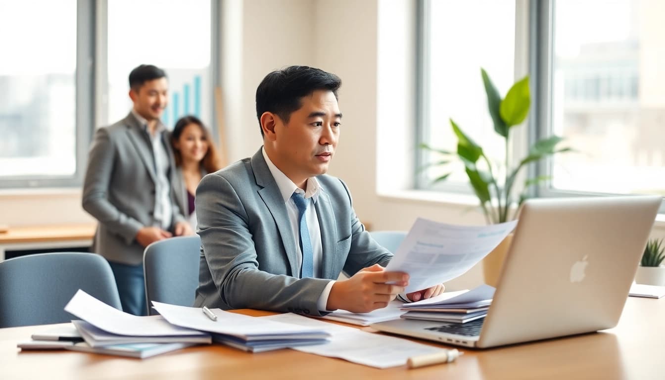 Engaging wealth planner consulting a couple in a bright modern office.
