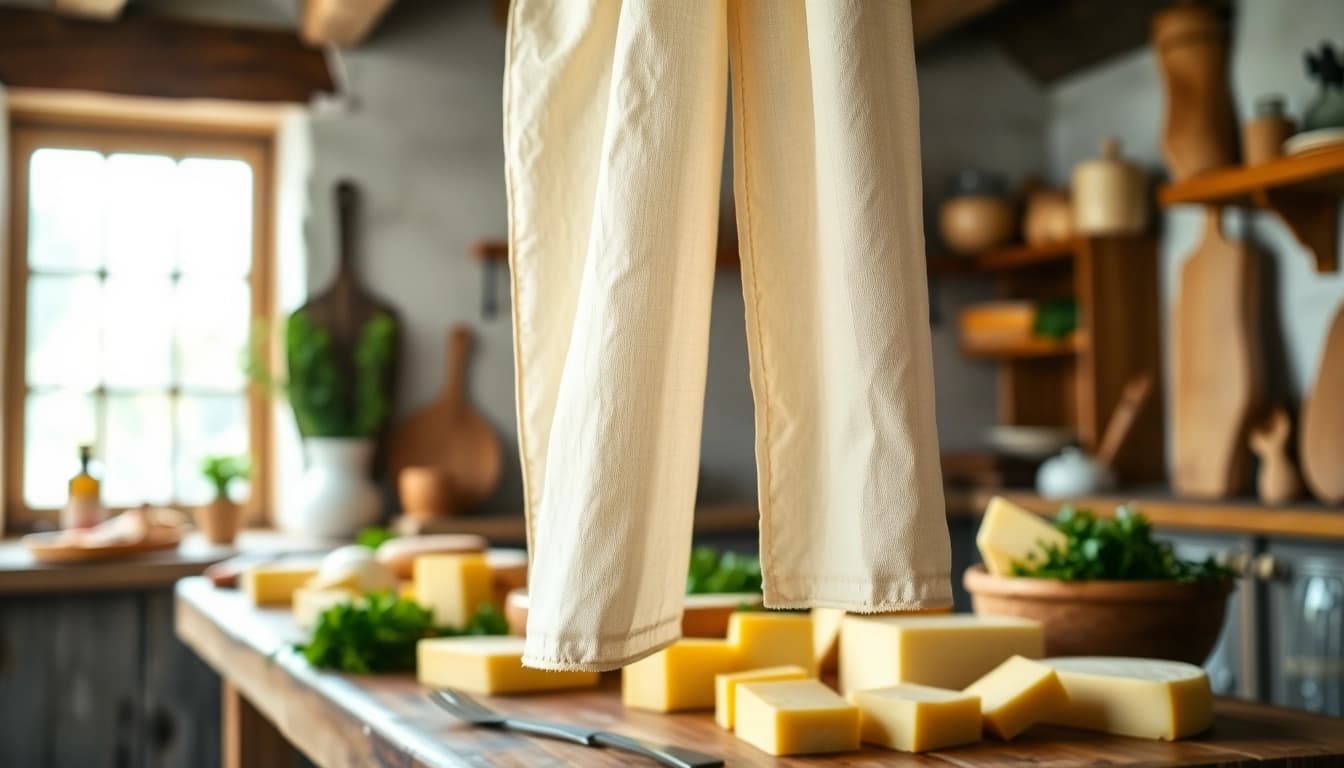 Kaasdoek hangt in een rustieke keuken met verschillende kazen en kruiden.