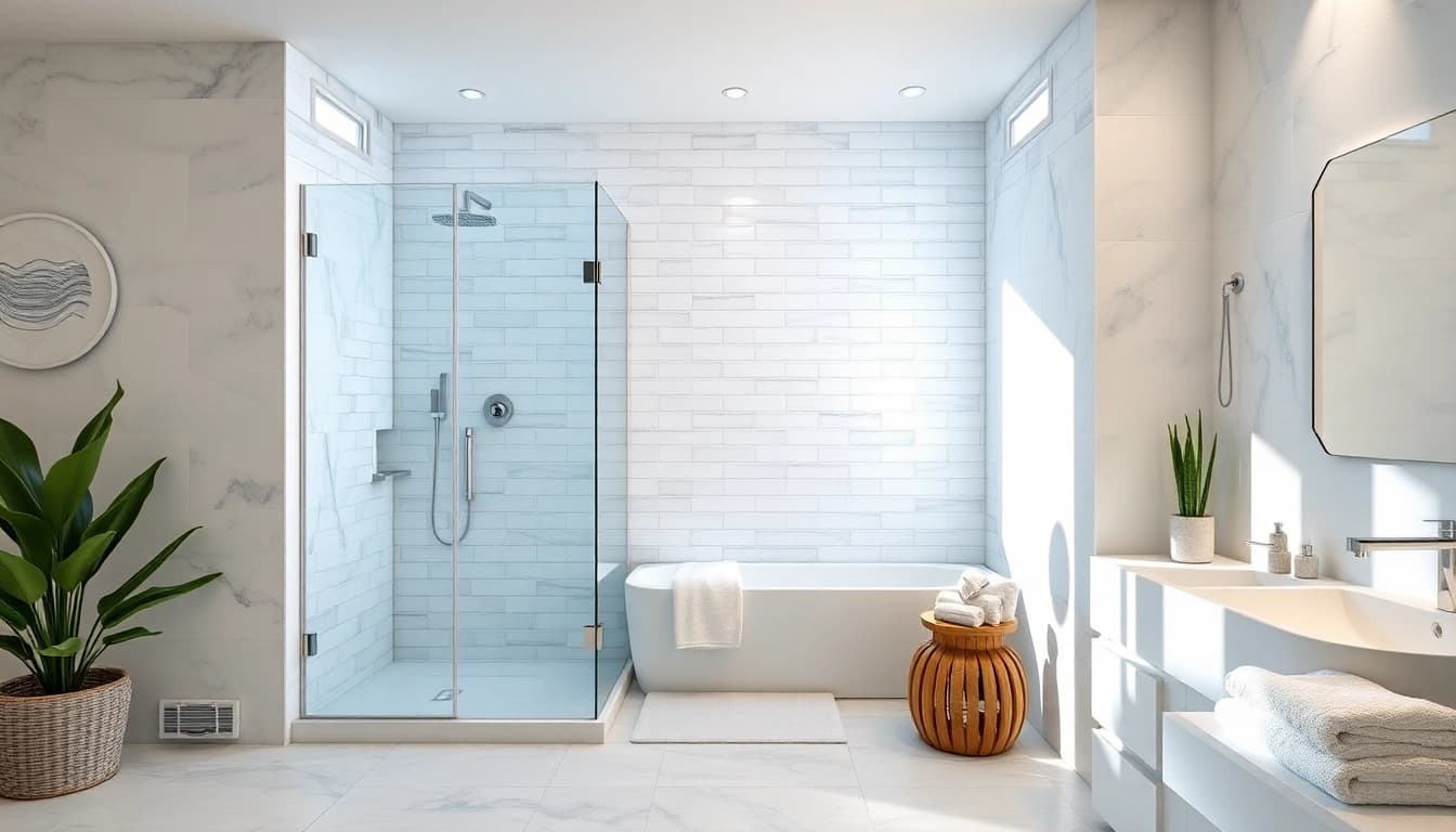 Experience elegant showers au with a modern, luxurious bathroom featuring a sleek glass enclosure and stylish decor.