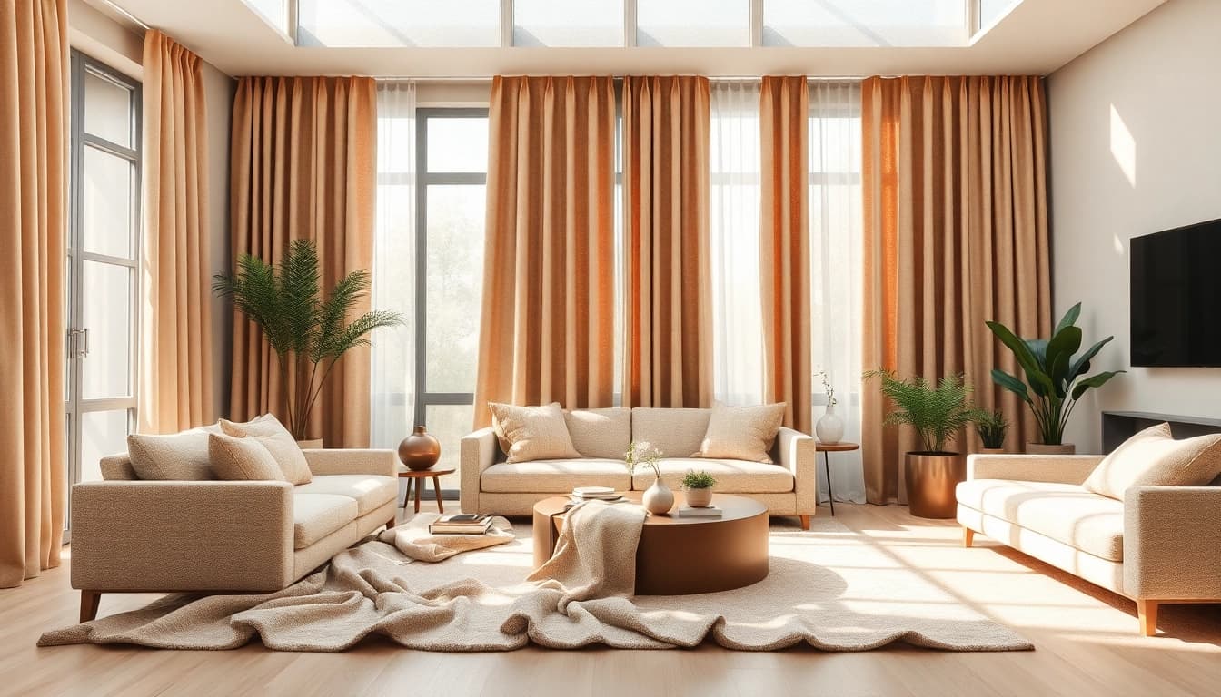 Bekijk de stof voor gordijnen in een stijlvolle woonkamer met zachte aardetinten.