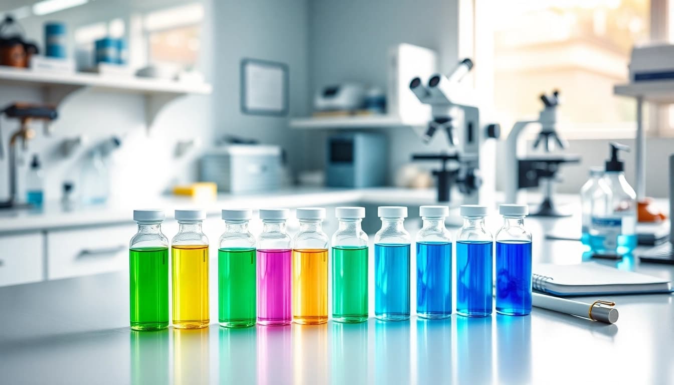 Hydro Research peptides displayed in a professional lab environment with vibrant samples.