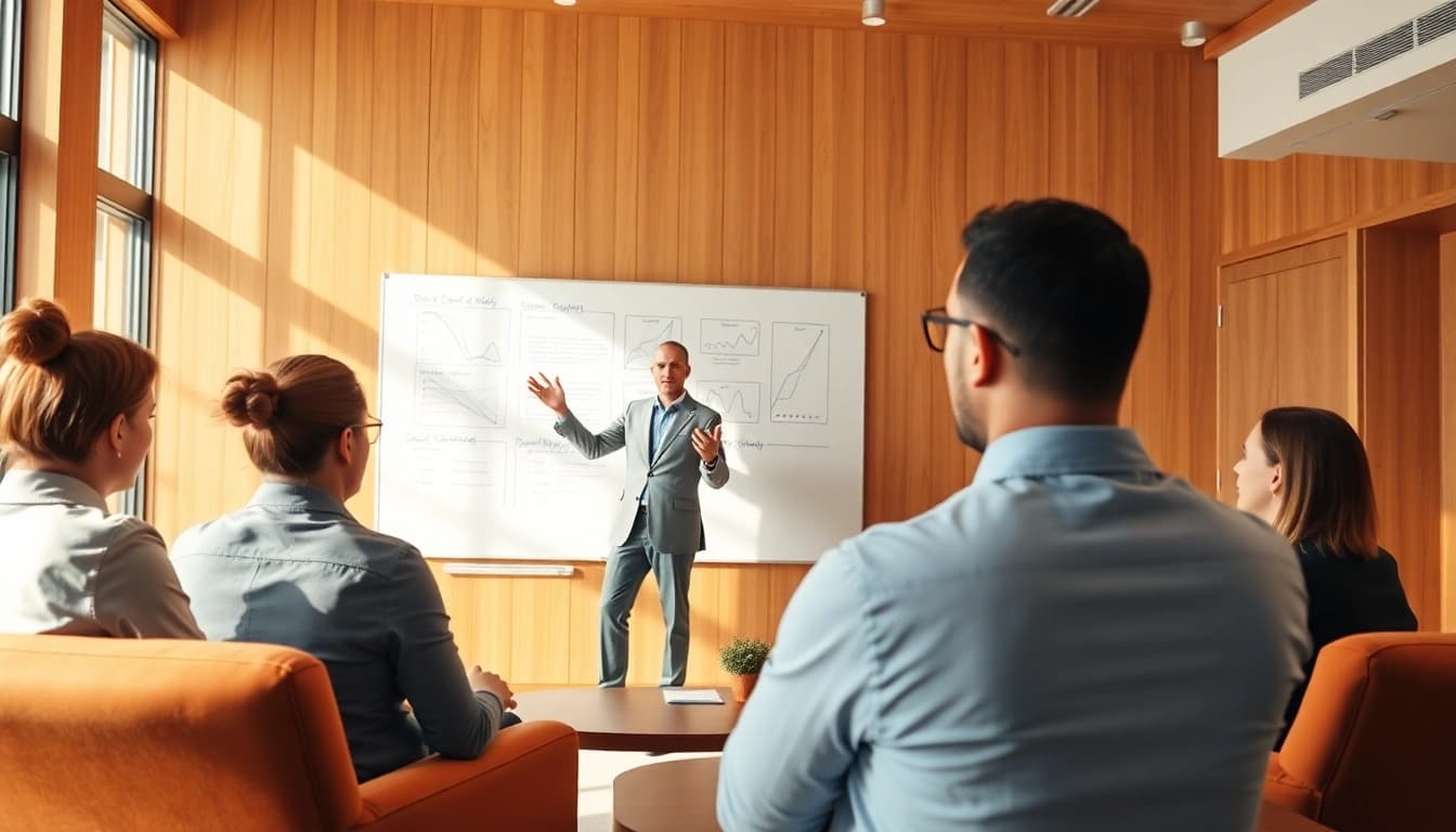 Corporate coach facilitating a dynamic strategy session with engaged professionals.