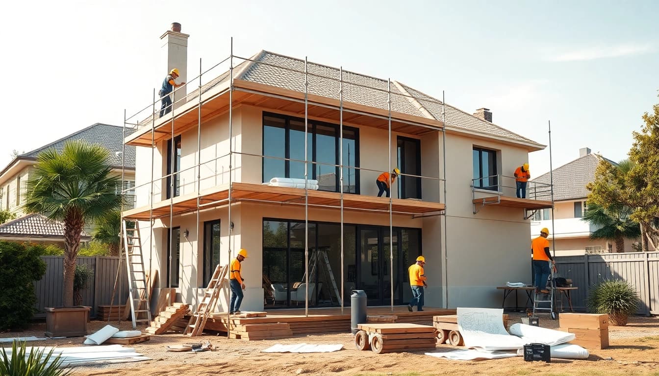 House extension construction site in Melbourne showing builders collaborating on a modern extension.