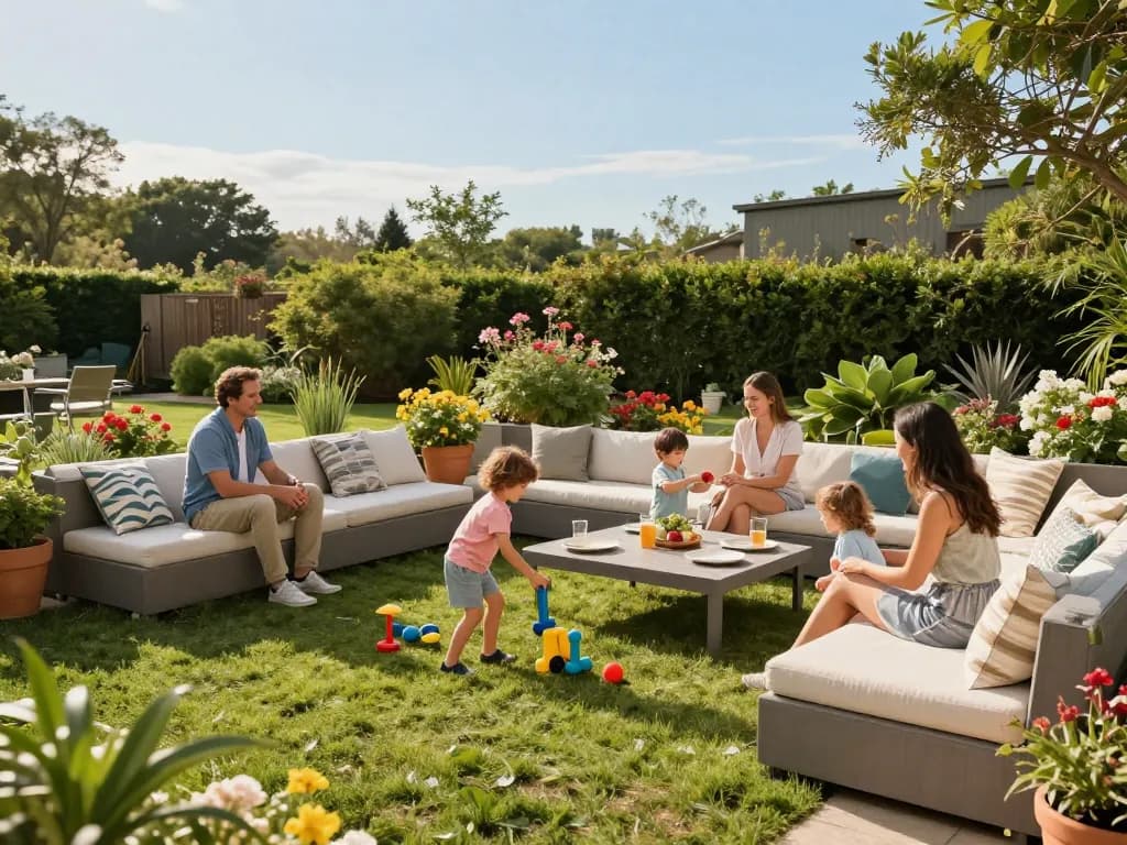 Outdoor living configurator scene showcasing a family enjoying a vibrant garden setup with stylish furniture.