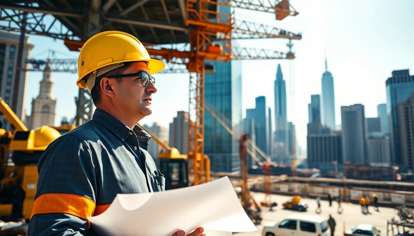 New York Construction Manager supervising a dynamic urban construction site.