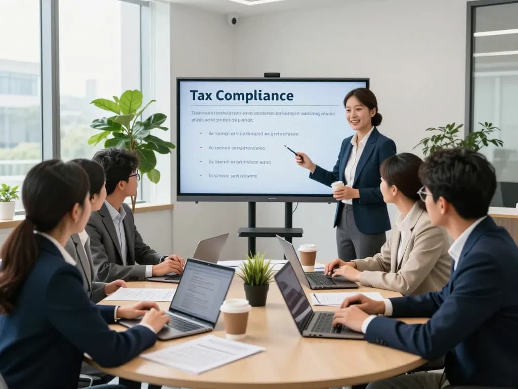 Chartered accountants collaborating in a modern office to browse around this site for expert advice on taxation and compliance.