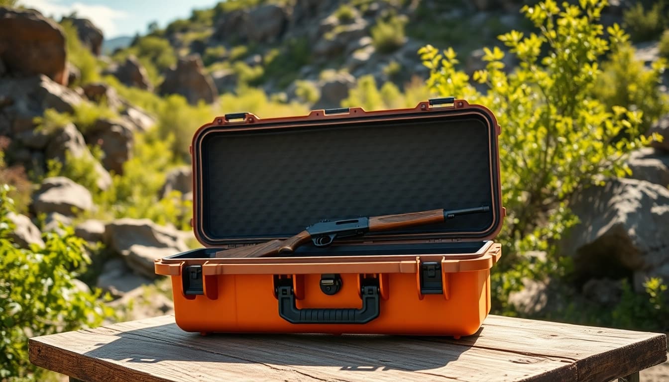 Showcase of Pelican gun case for sale featuring a durable design and outdoor backdrop.