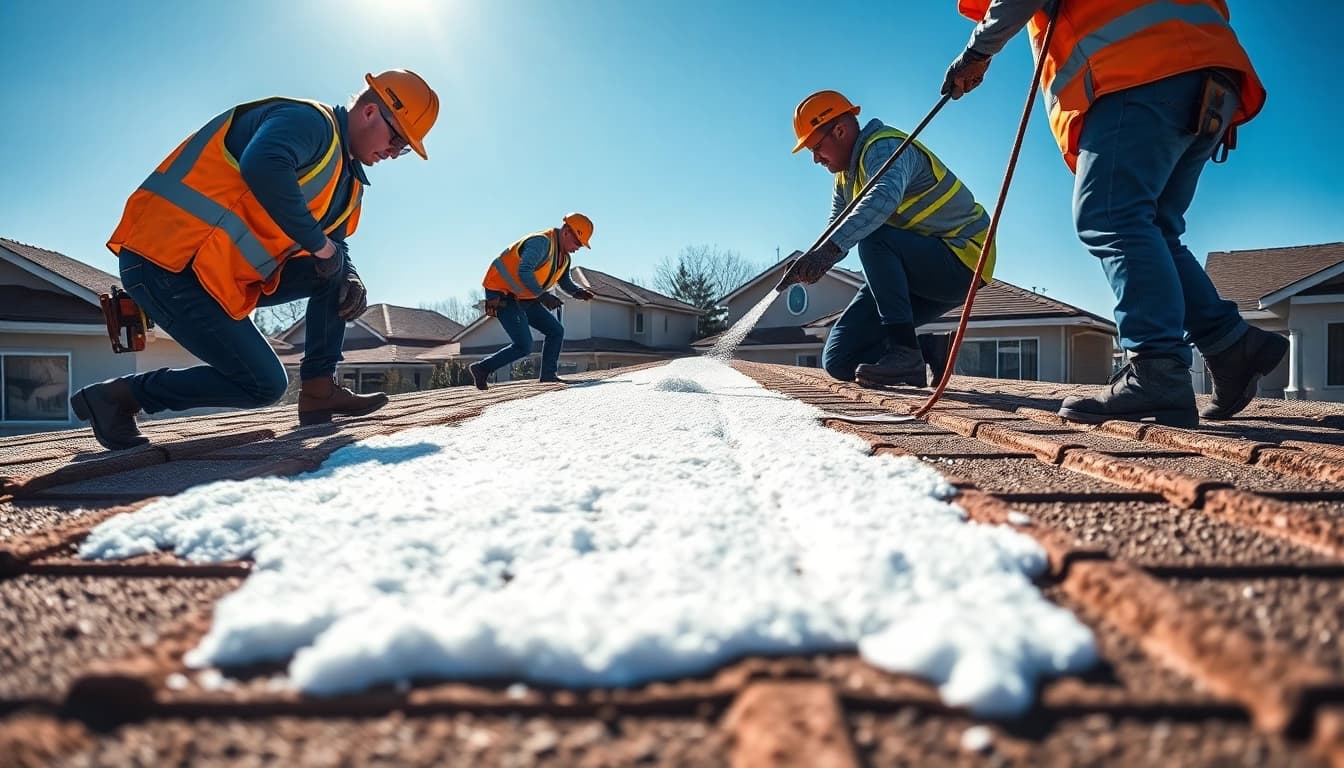 Workers performing spray foam roof removal safely, showcasing their techniques and equipment.
