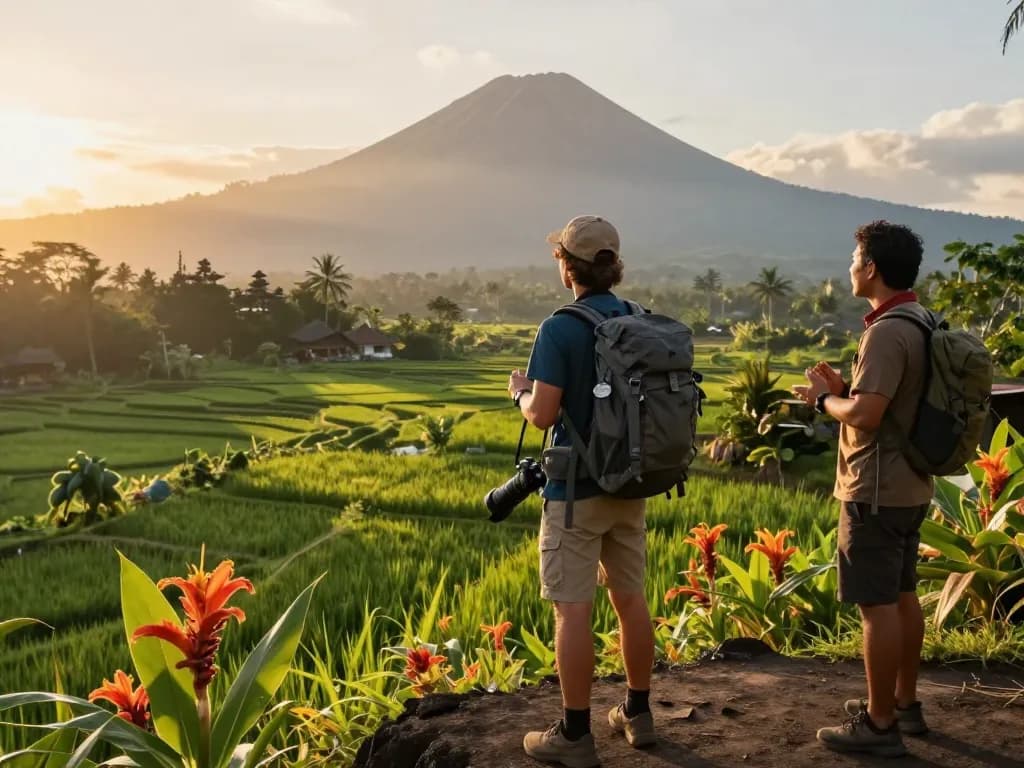 Bali tour adventure: Traveler on scenic cliff with rice fields and volcanoes in the background during golden hour.