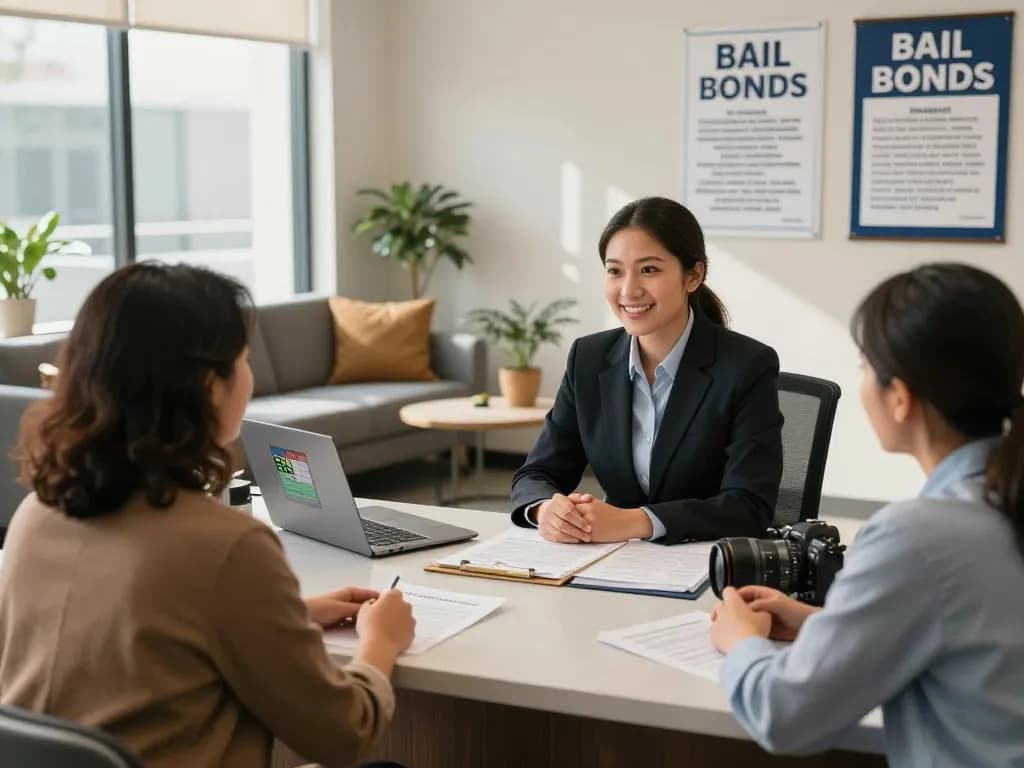 Engaging bail bond agent assisting a family with affordable bail bonds in a modern office.