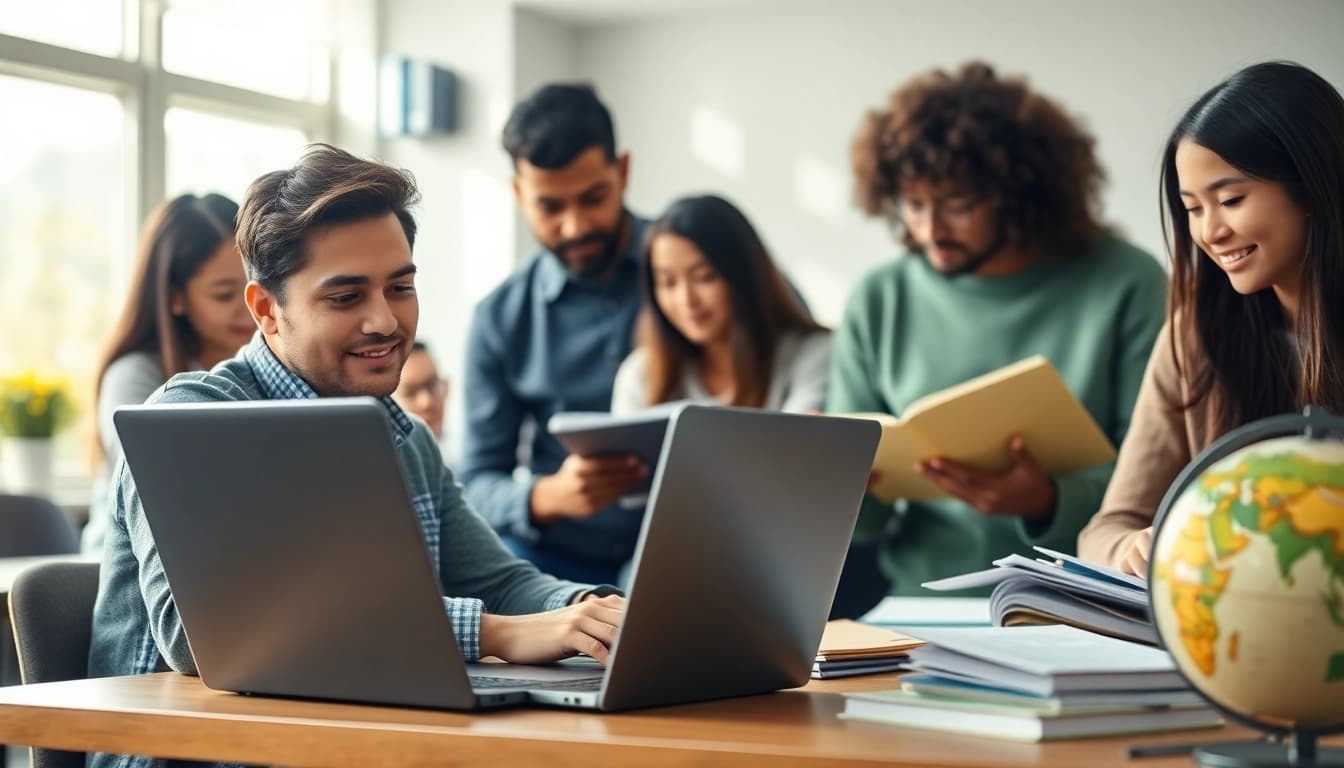 Students prepare for TOEFL exam as they pay someone to take toefl in a collaborative study environment.