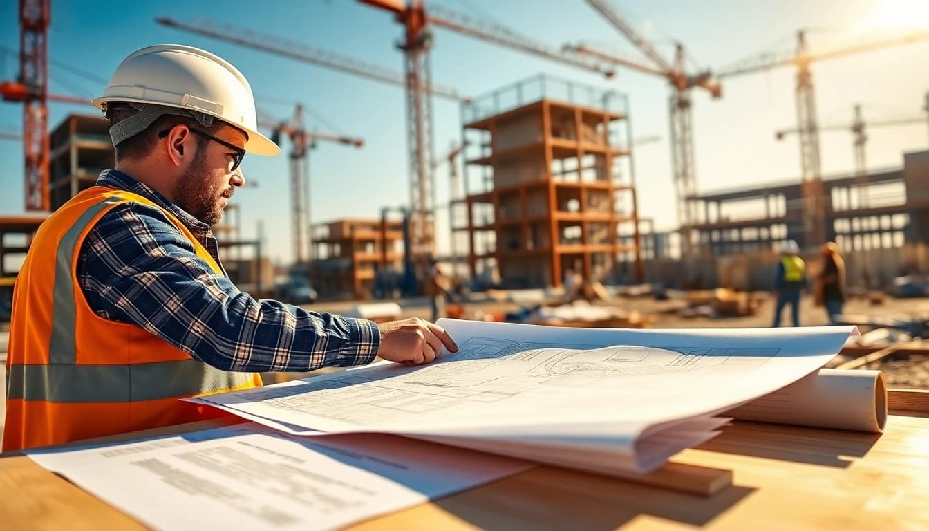 New Jersey Construction Manager analyzing blueprints amidst an active construction site.