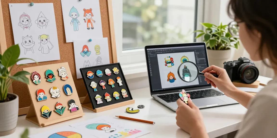 Custom enamel pins displayed in vibrant creative workspace showcasing design process and materials