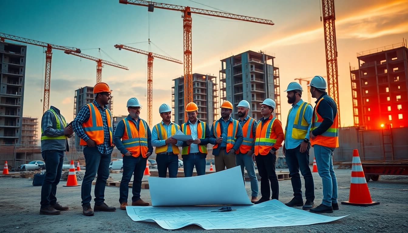 Collaboration among a diverse team at a construction member organization on-site, showcasing teamwork.