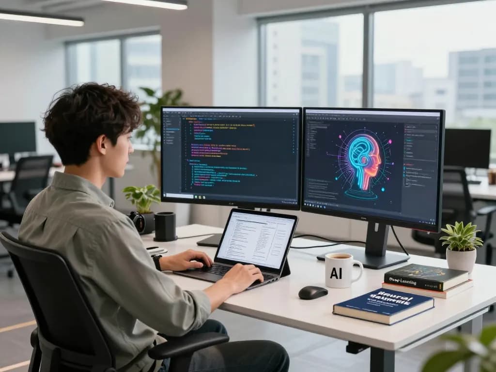 Dynamic tech workspace illustrating mind control ai software development with coding displays and virtual simulations.