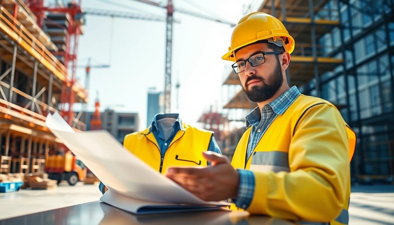 New Jersey Construction Manager analyzing project blueprints on an active construction site.