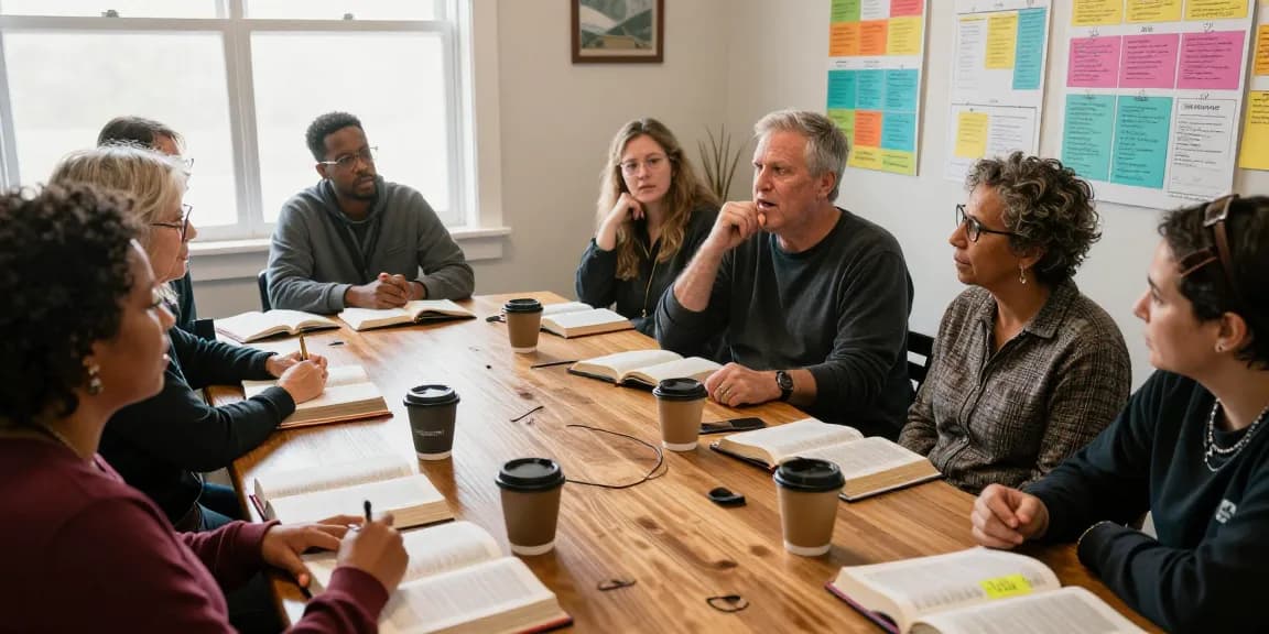 Richard French leading a Bible study on Revelation with engaged participants.