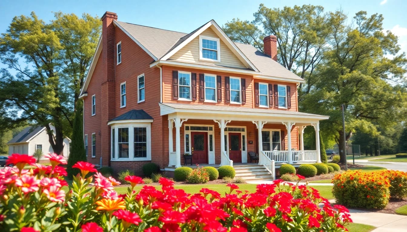 Showcasing colonial home construction with intricate designs and a vibrant garden in bright natural light.