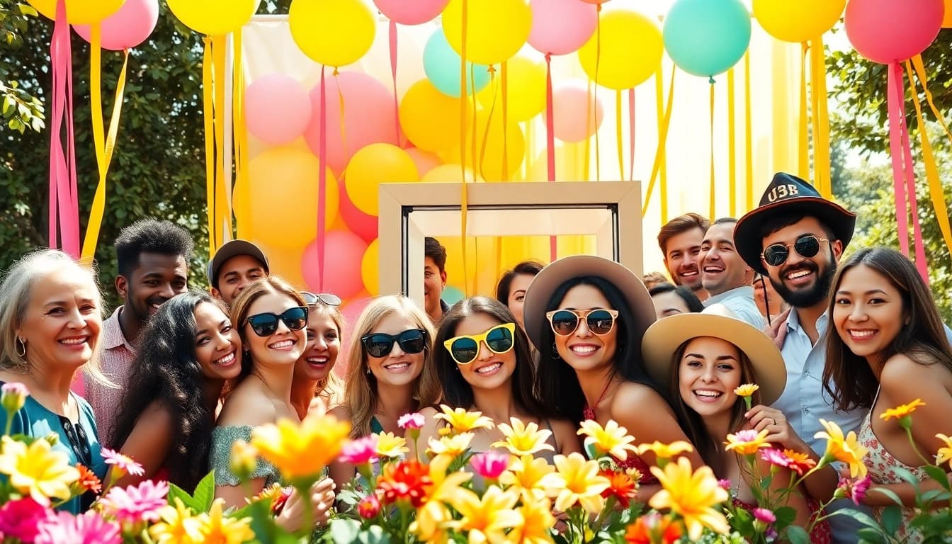 Guests enjoying a photo booth rental at a vibrant garden party with colorful decorations.