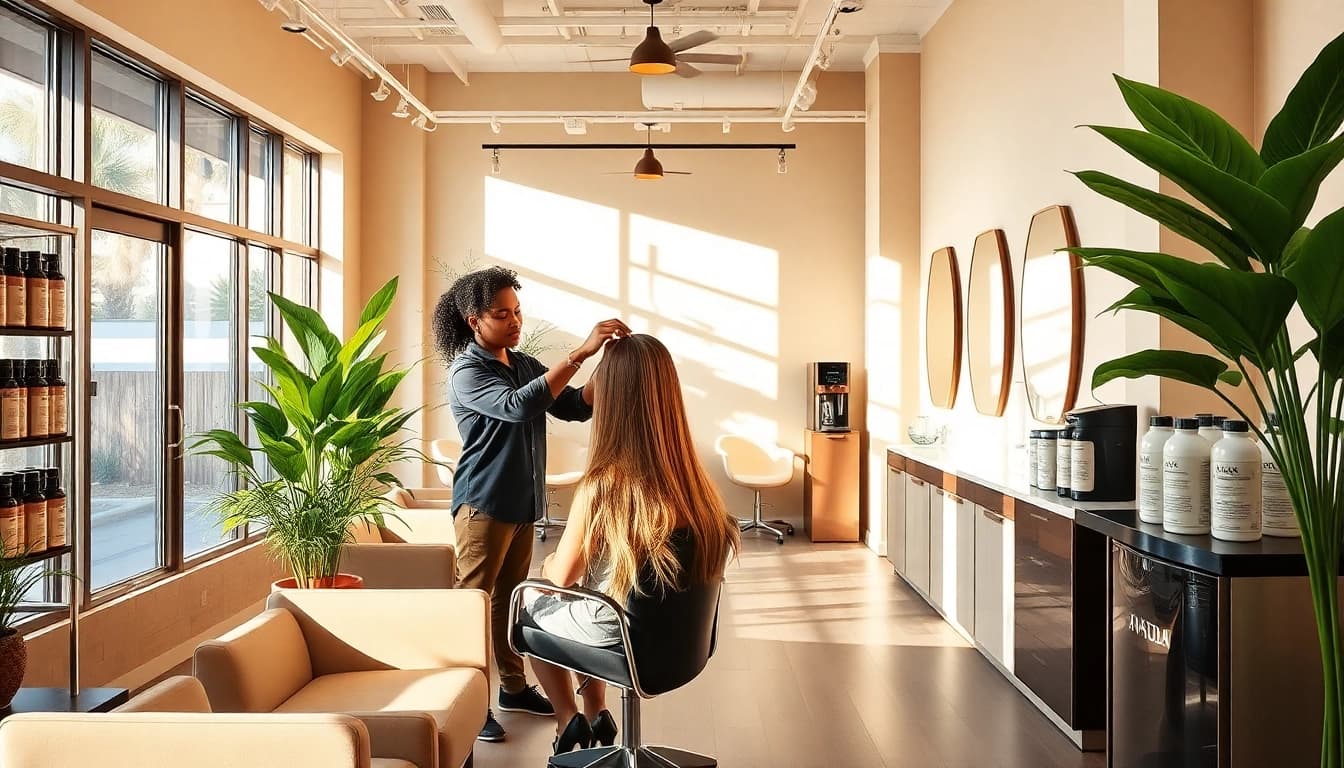 Hair salon San Diego with a stylist applying highlights in a welcoming, eco-friendly environment.
