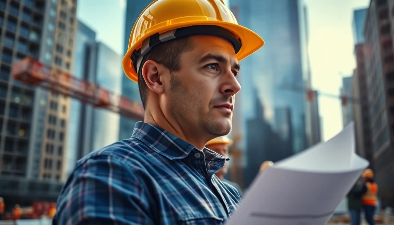 New York Construction Manager directing construction on a bustling site.