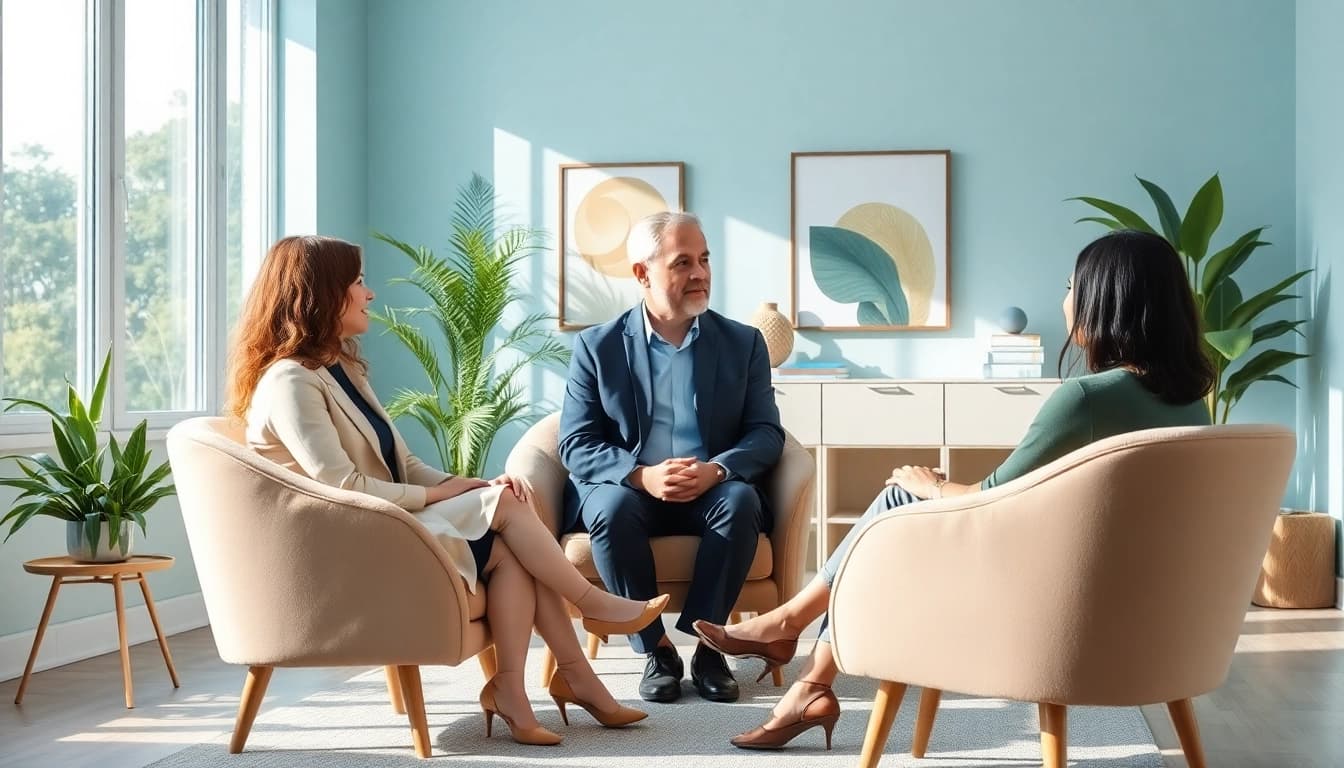 Engaging mental health tips session between a counselor and a client in a serene office.