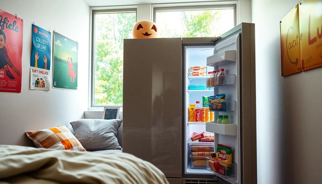 Stylish dorm room fridge filled with snacks, enhancing student life in a cozy setting.