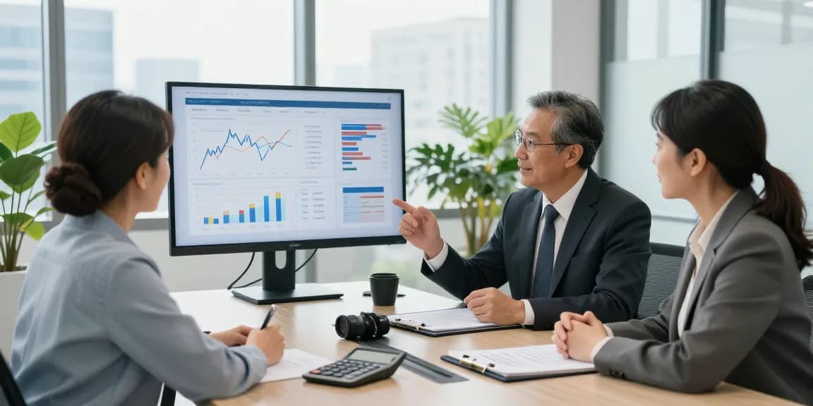 Couple discussing annuities with financial advisor in modern office.