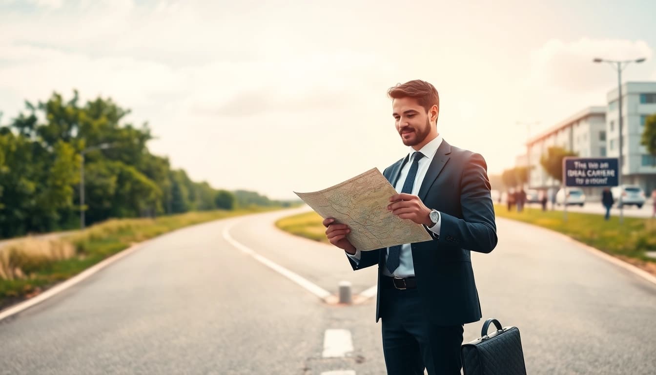 Individual contemplating their ideal career at a crossroads symbolizing choices.