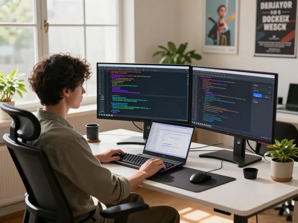 Software developer engaging with SpicyChat AI in a modern tech workspace filled with vibrant code and innovative tools.