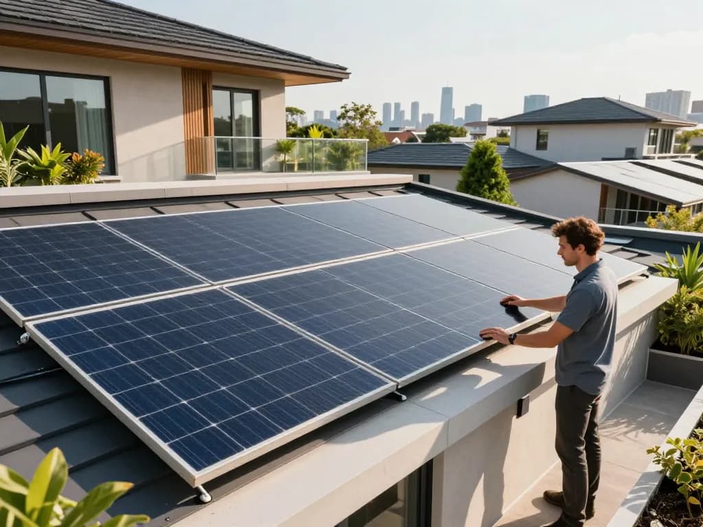 Homeowner discussing n-type zonnepanelen installation on a modern rooftop, showcasing energy efficiency and sustainability.