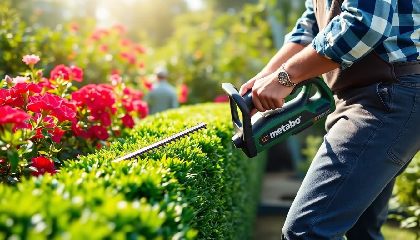 Using a Metabo hedge trimmer to expertly shape hedges in a vibrant garden setting.