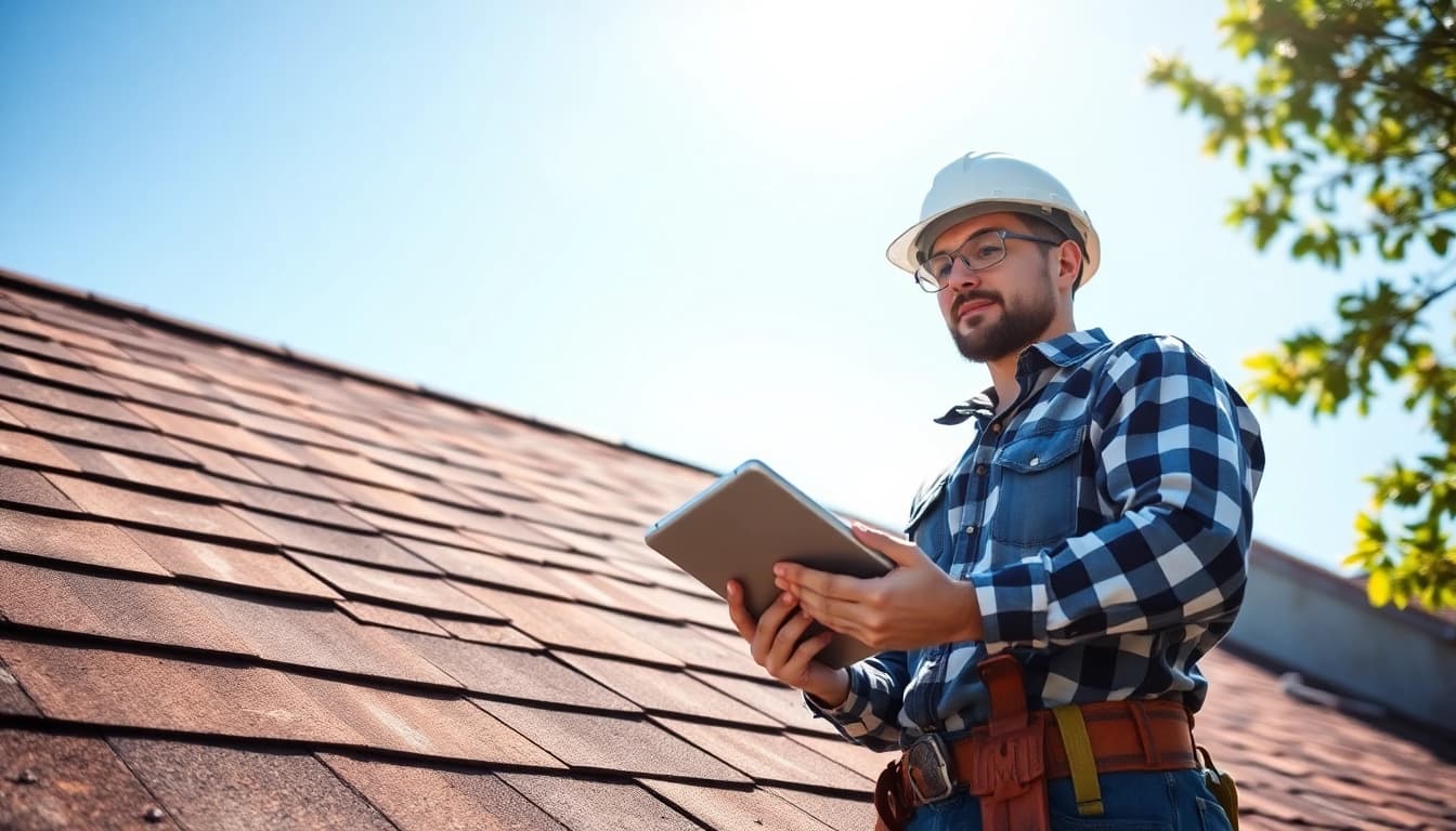 Roofing contractor assessing a residential roof condition with a tablet in hand.