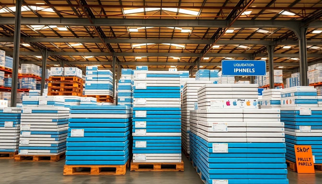 Showcasing liquidation iPhone pallets for sale – 20 units (high resale value) in a warehouse with vibrant colors.