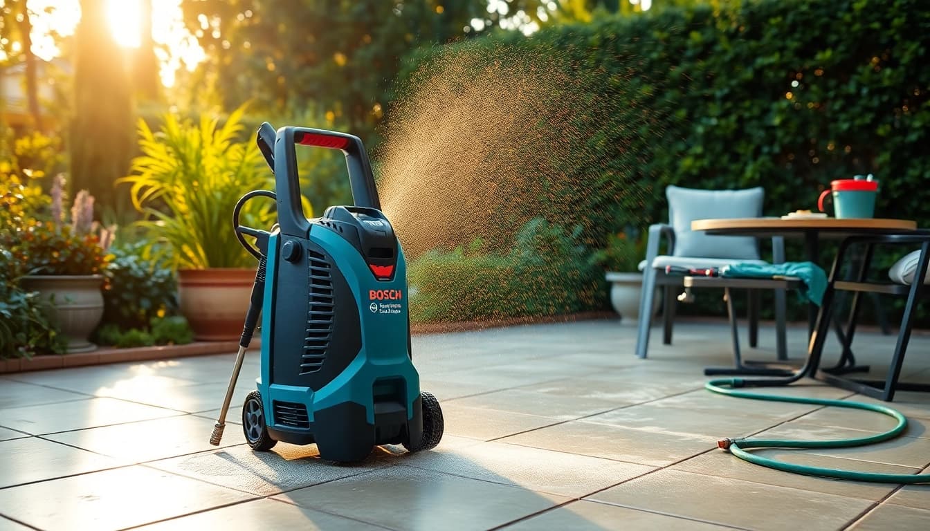 Bosch pressure washer effectively cleans a patio with powerful jet spray, surrounded by greenery.