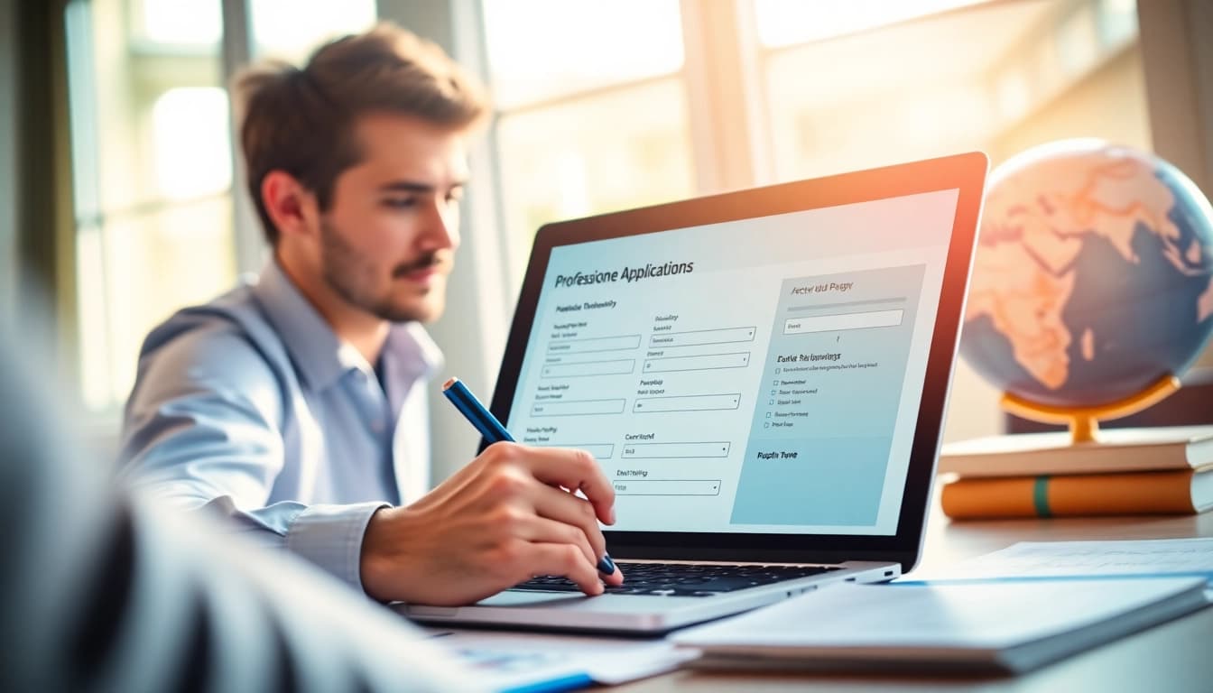 Fill out the uk eta online application on a laptop surrounded by travel elements.