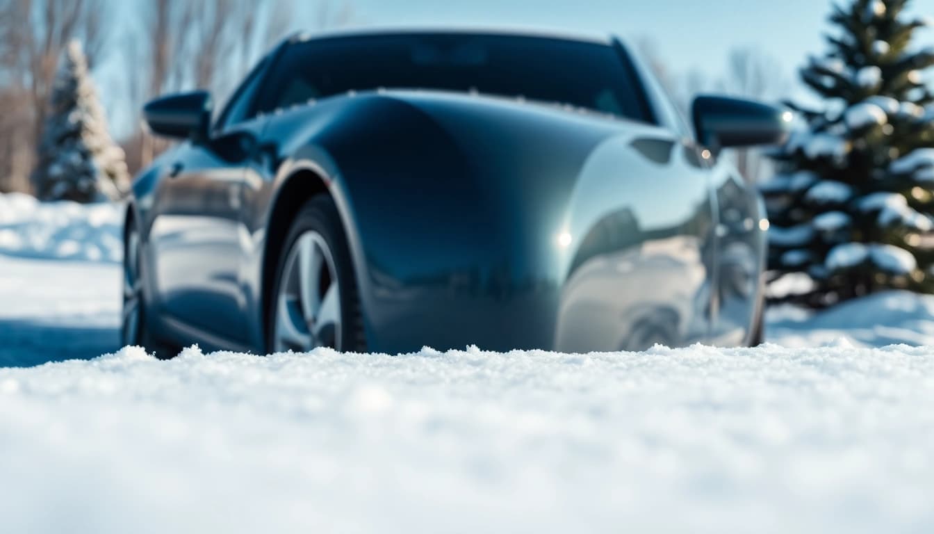 Showcase of winter car protection Chattanooga with a shining, frost-covered vehicle in a snowy landscape.