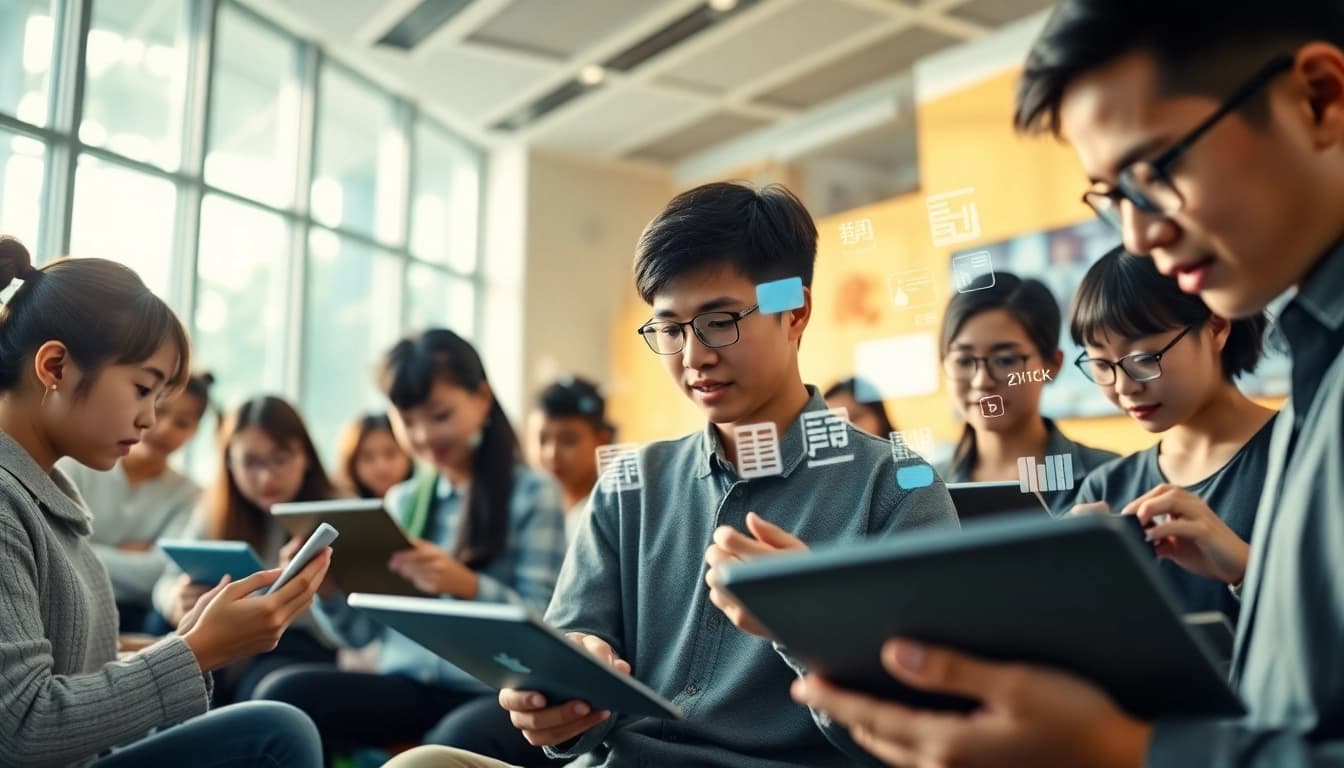 Engaged students using 有道 in a modern digital classroom reflecting innovation in language learning.